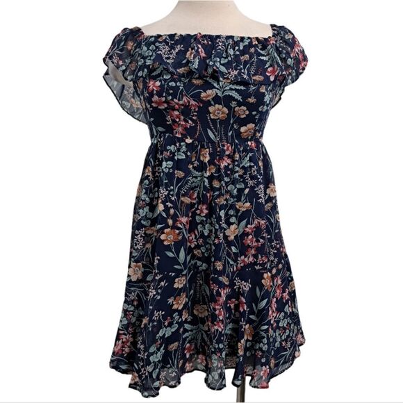 Lulu's Floral Print My Favorite Off The Shoulder Dress Navy Blue Small NWT - Picture 1 of 14